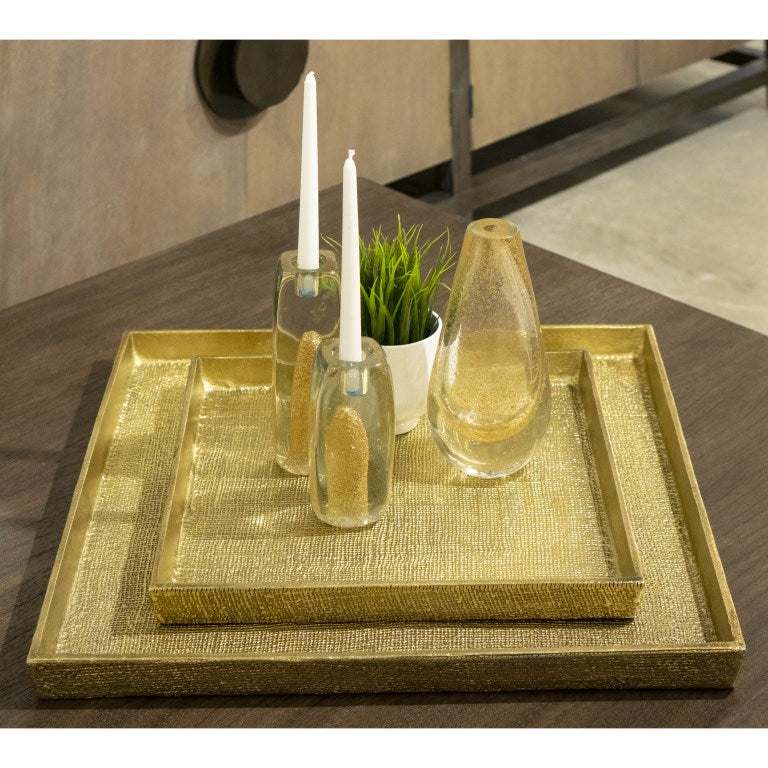 Square Linen Texture Tray - Set of 2 Brass