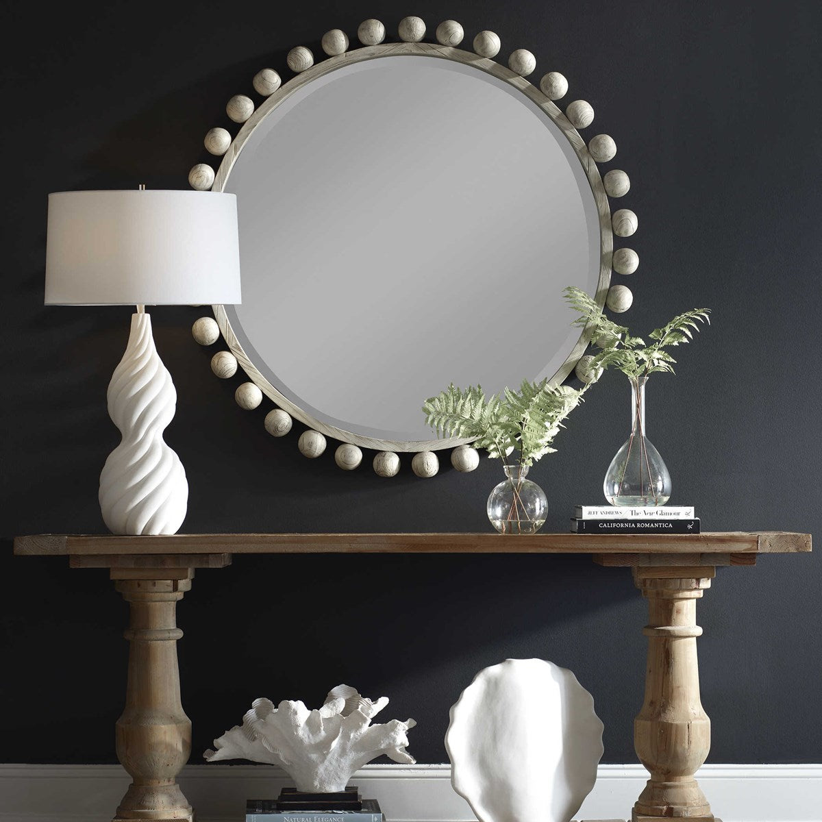 Cyra Wood Round Mirror, Aged Ivory