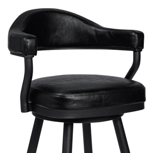 Justin Bar Stool in a Black Powder Coated Finish and Vintage Black Faux Leather