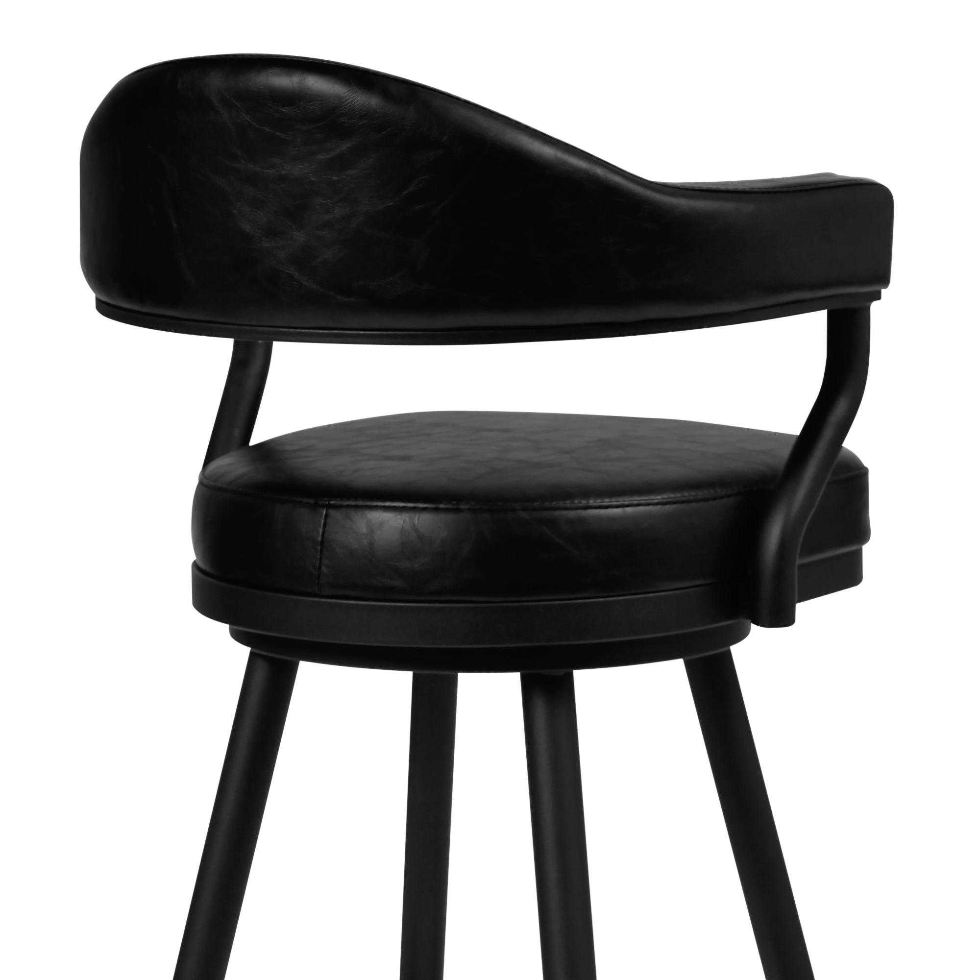 Justin Bar Stool in a Black Powder Coated Finish and Vintage Black Faux Leather