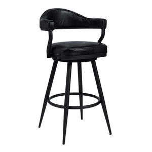 Justin Bar Stool in a Black Powder Coated Finish and Vintage Black Faux Leather