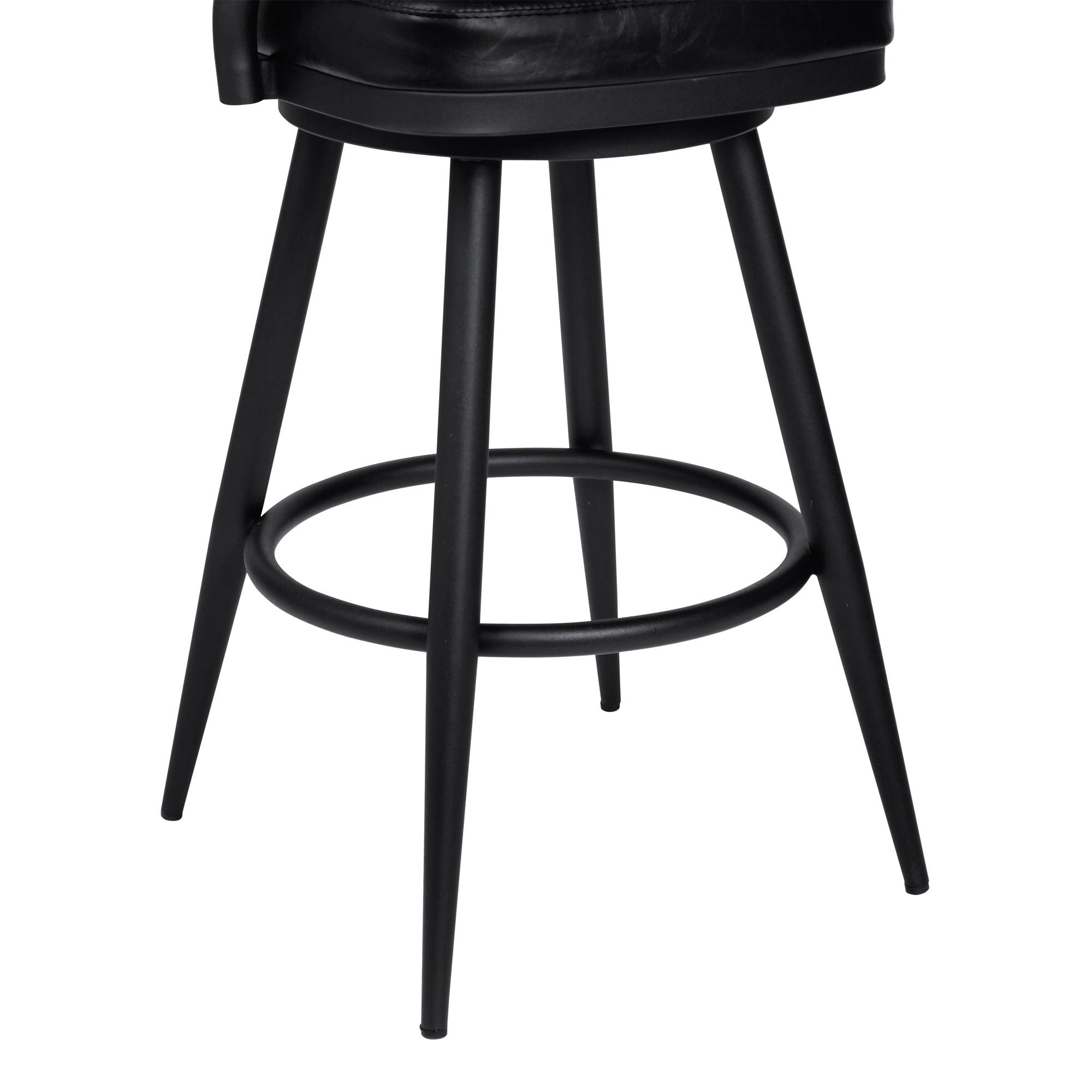 Justin Bar Stool in a Black Powder Coated Finish and Vintage Black Faux Leather