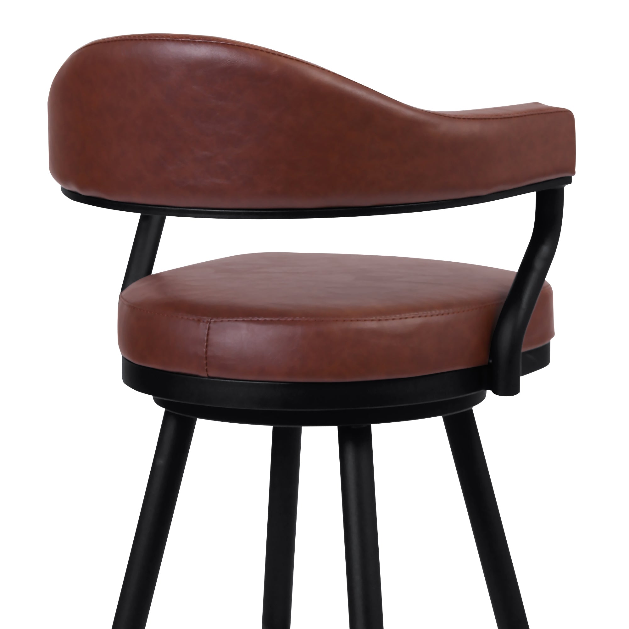 Justin Counter Stool or Barstool in a Black Powder Coated Finish and Vintage Coffee Faux Leather