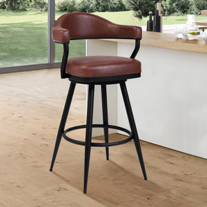 Justin Counter Stool or Barstool in a Black Powder Coated Finish and Vintage Coffee Faux Leather