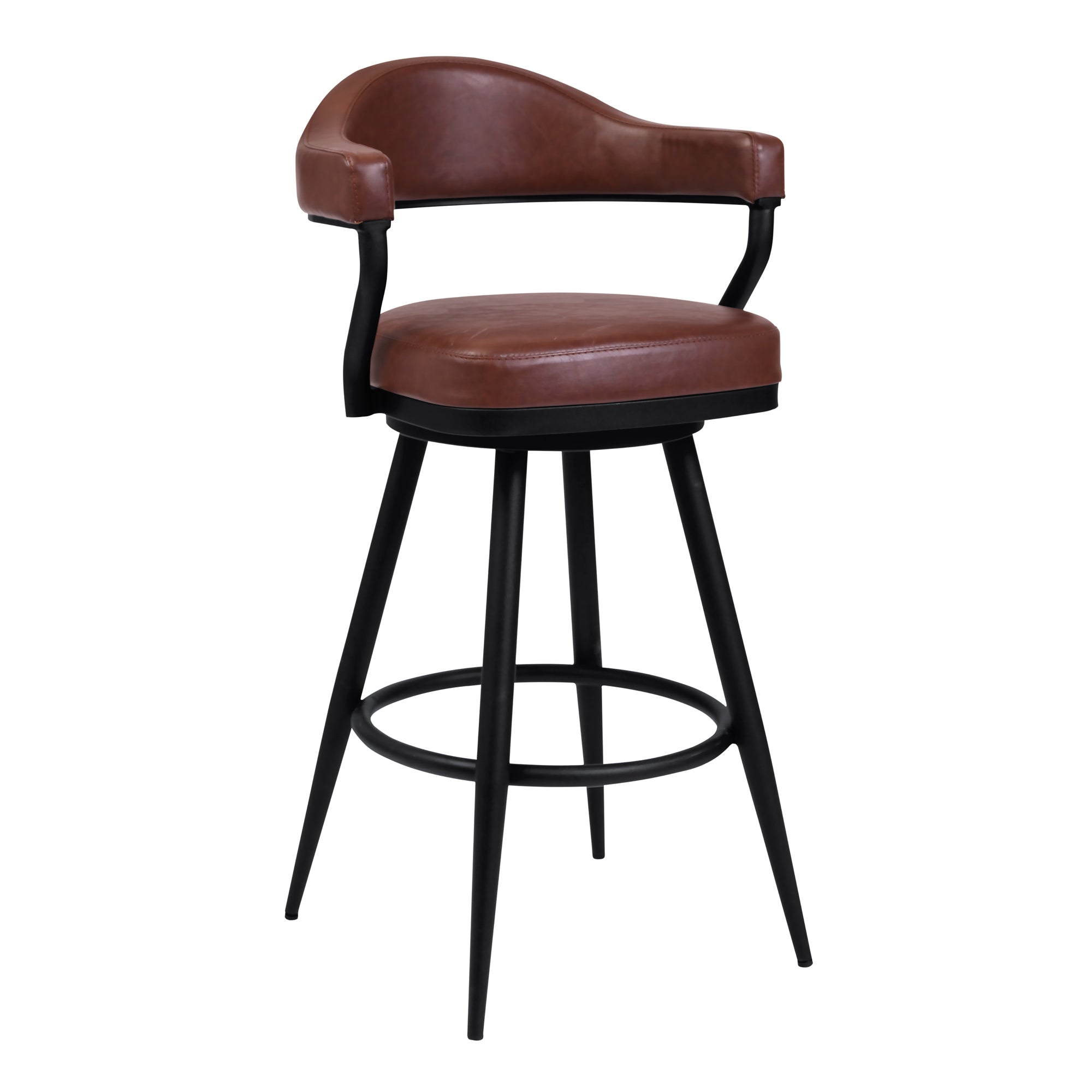 Justin Counter Stool or Barstool in a Black Powder Coated Finish and Vintage Coffee Faux Leather