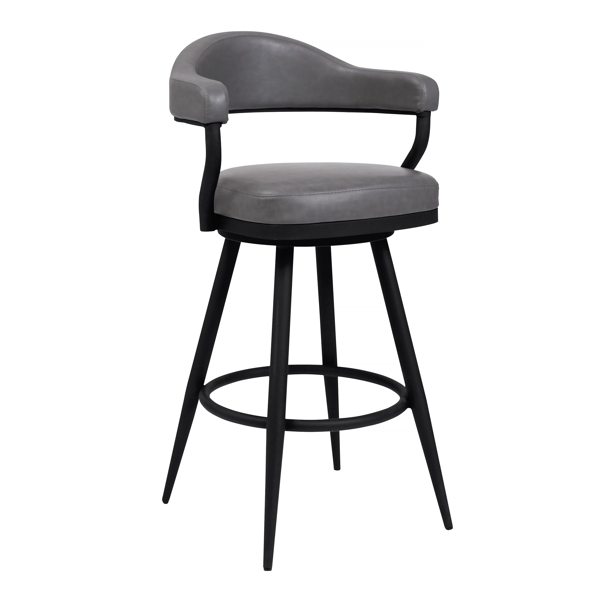 Justin  Counter or Bar Stool in a Black Powder Coated Finish and Vintage Grey Faux Leather