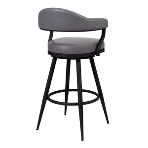 Justin  Counter or Bar Stool in a Black Powder Coated Finish and Vintage Grey Faux Leather