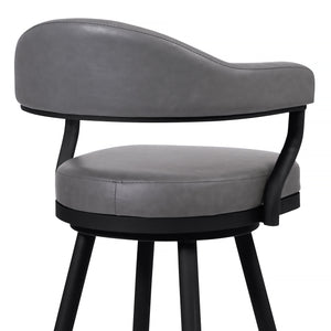 Justin  Counter or Bar Stool in a Black Powder Coated Finish and Vintage Grey Faux Leather