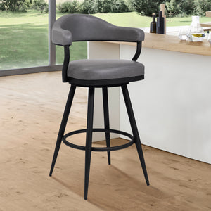 Justin  Counter or Bar Stool in a Black Powder Coated Finish and Vintage Grey Faux Leather