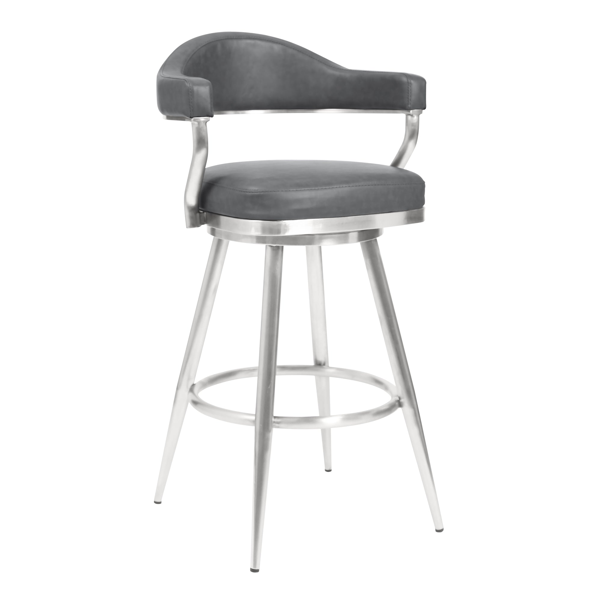 Justin Counter Stool in Brushed Stainless Steel and Vintage Grey Faux Leather