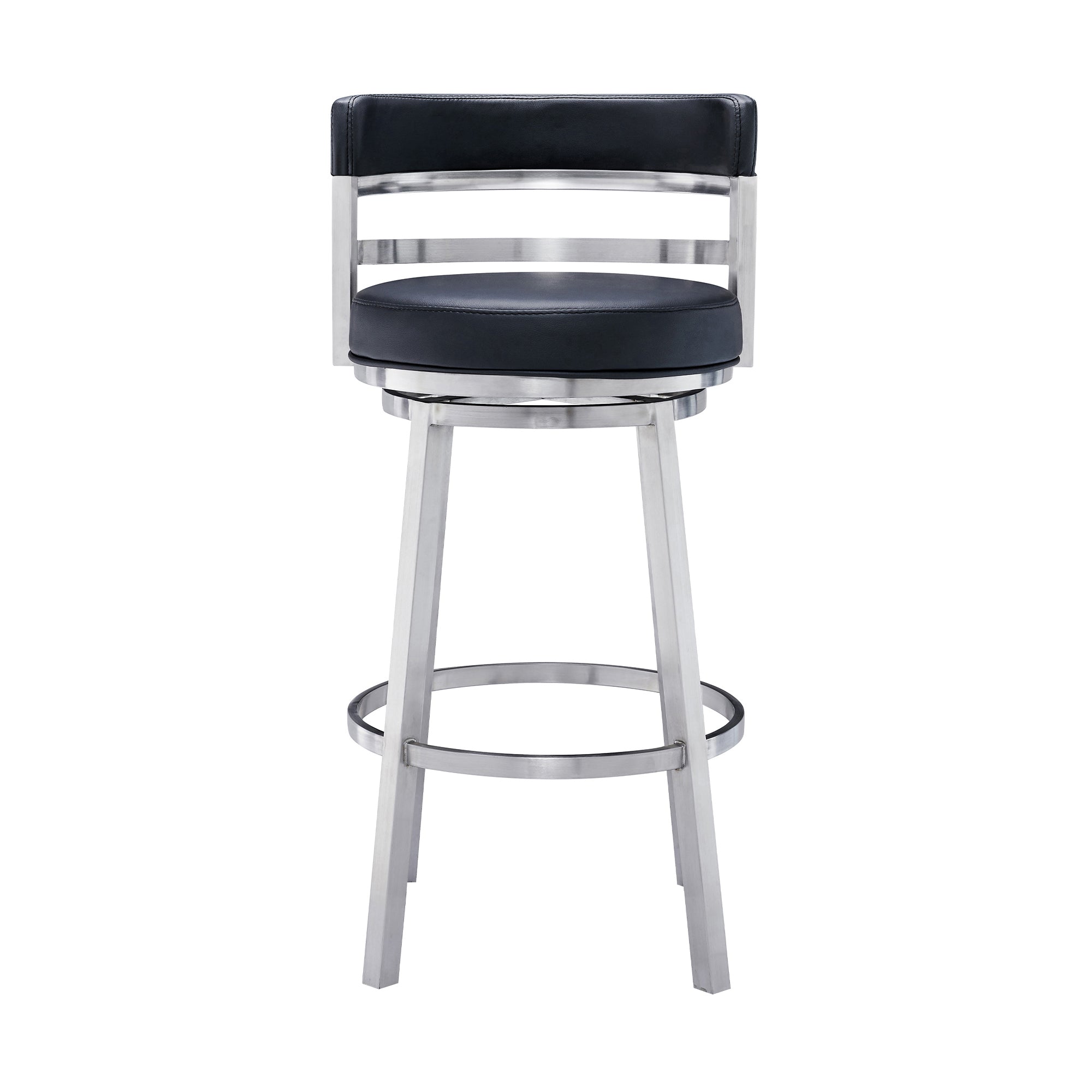 Madrid Contemporary Counter or  Barstool in Brushed Stainless Steel Finish and Black Faux Leather