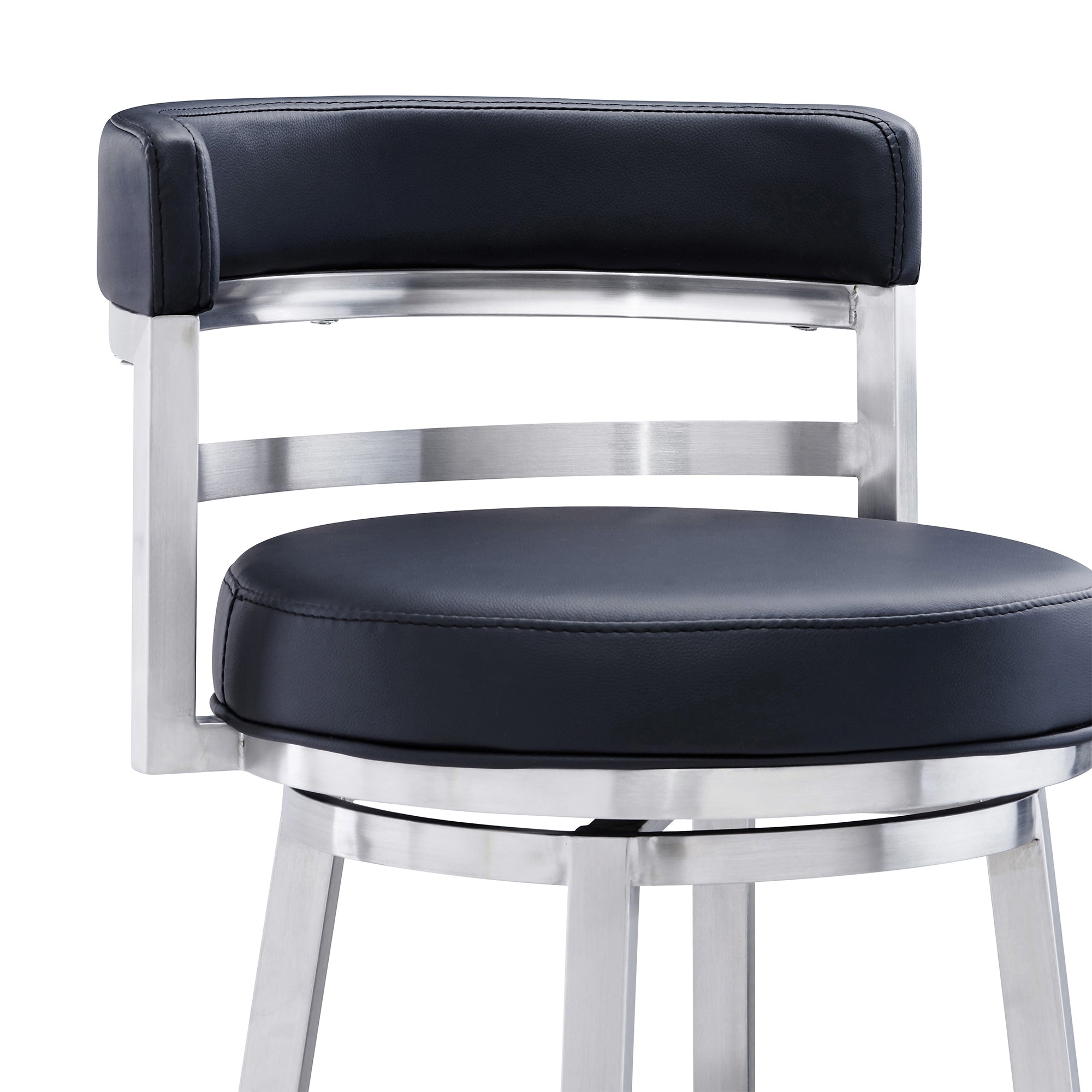 Madrid Contemporary Counter or  Barstool in Brushed Stainless Steel Finish and Black Faux Leather