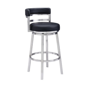 Madrid Contemporary Counter or  Barstool in Brushed Stainless Steel Finish and Black Faux Leather