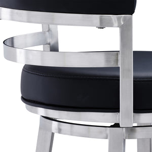 Madrid Contemporary Counter or  Barstool in Brushed Stainless Steel Finish and Black Faux Leather