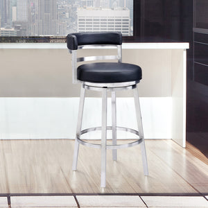 Madrid Contemporary Counter or  Barstool in Brushed Stainless Steel Finish and Black Faux Leather