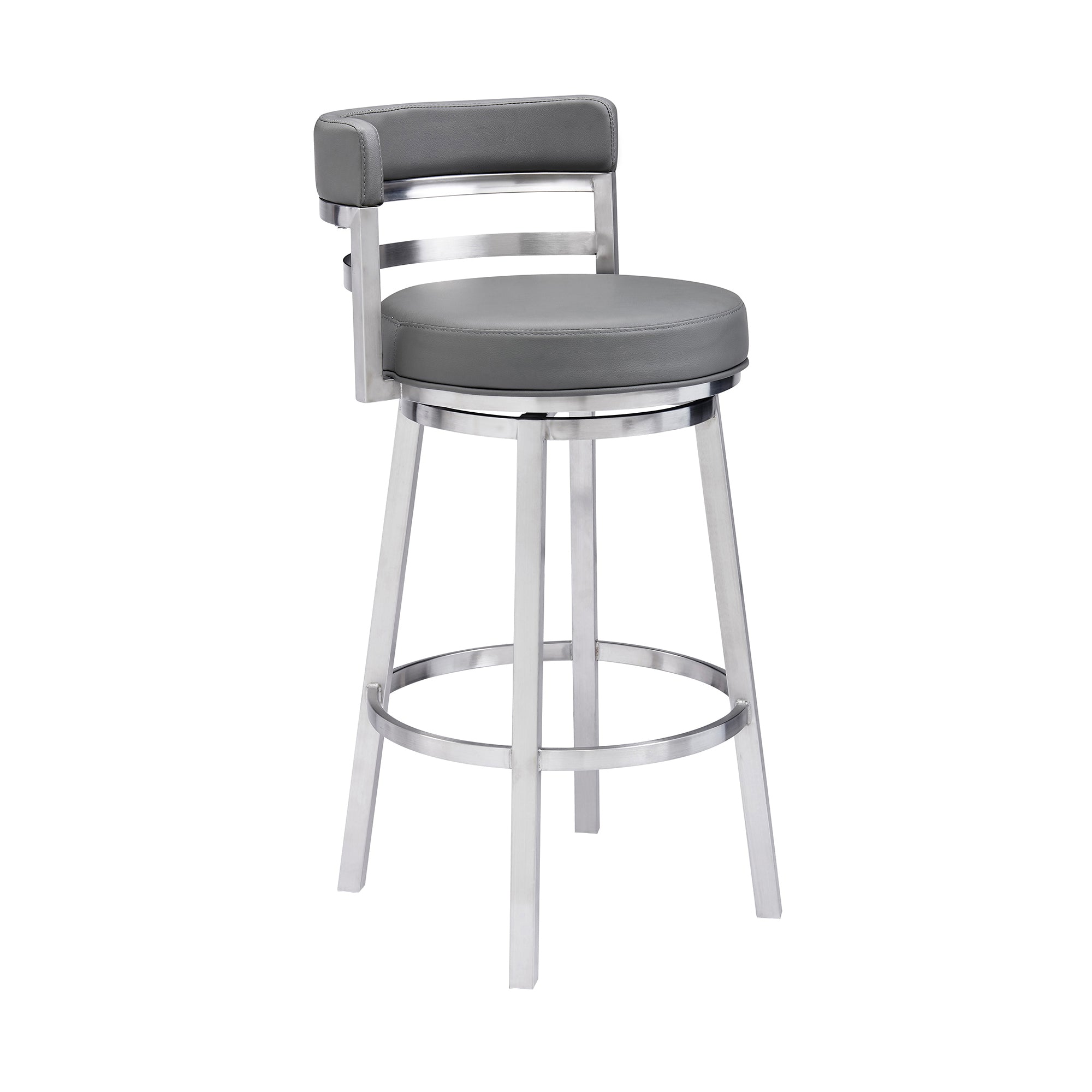 Madrid Contemporary Counter Stool or Barstool in Brushed Stainless Steel Finish and Grey Faux Leather