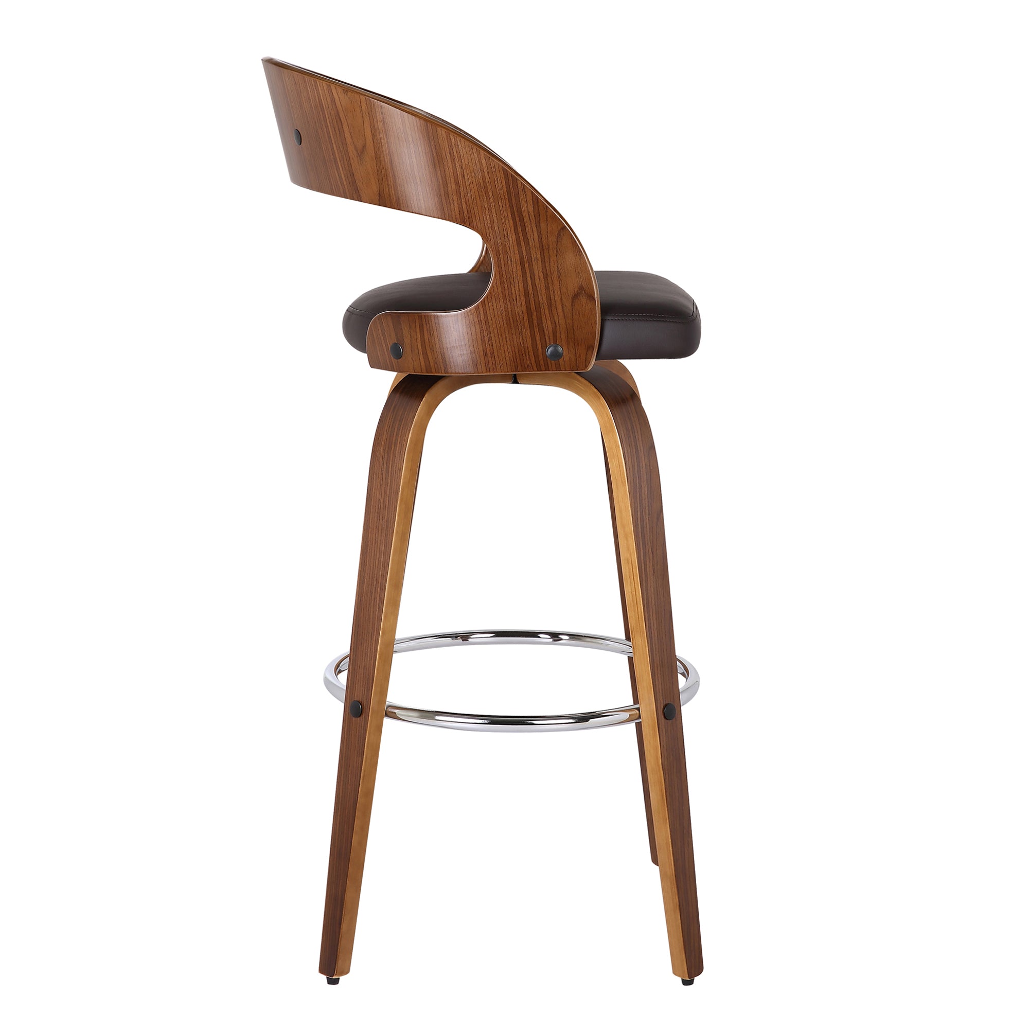 Shelly Swivel Counter Stool or Barstool in Walnut Wood Finish and Brown Faux Leather