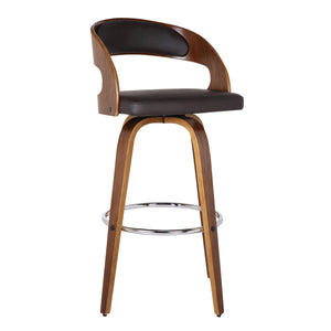 Shelly Swivel Counter Stool or Barstool in Walnut Wood Finish and Brown Faux Leather