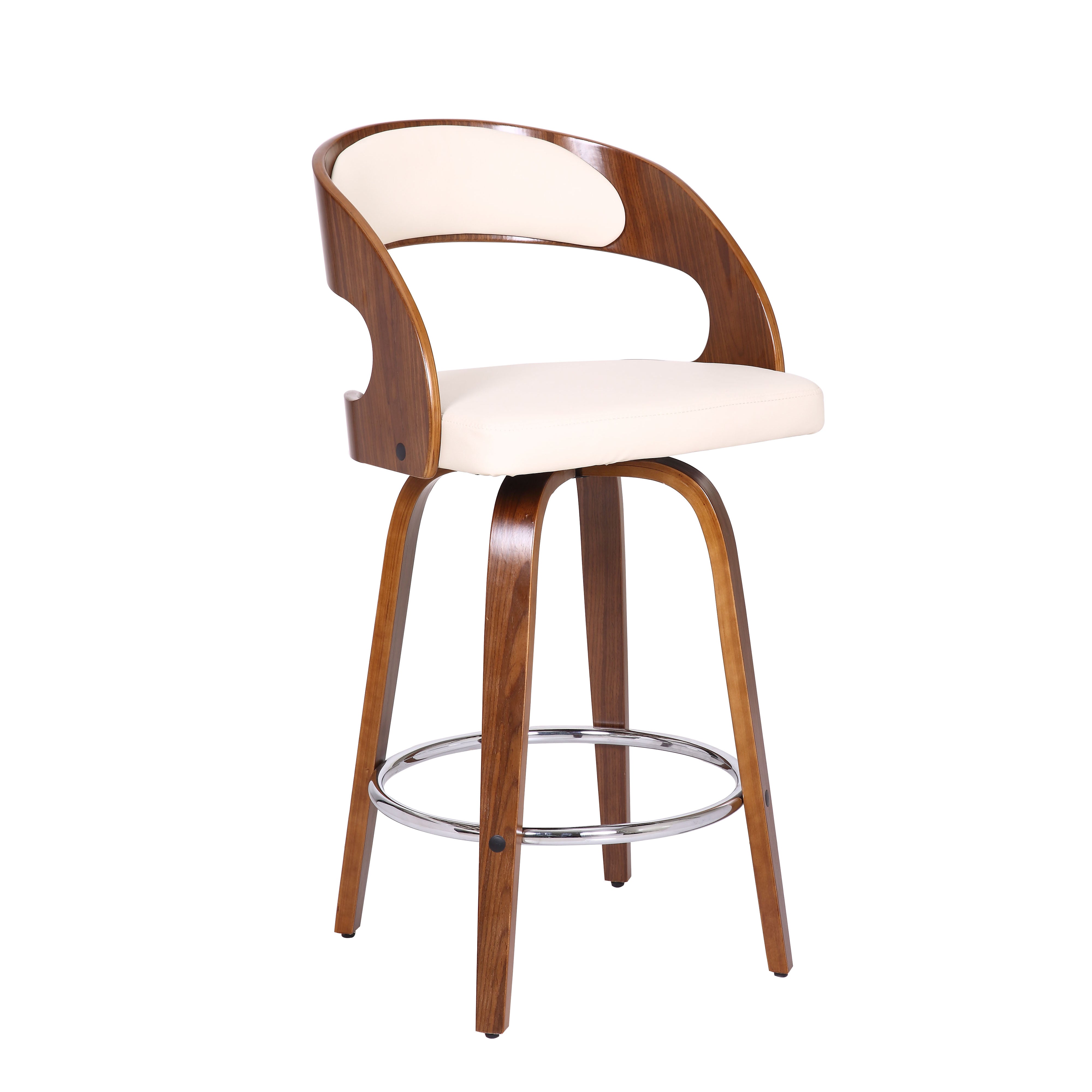 Shelly Contemporary  Counter or Barstool Swivel Barstool in Walnut Wood Finish and Cream Faux Leather