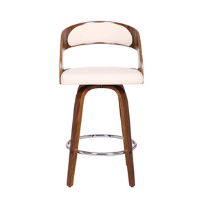 Shelly Contemporary  Counter or Barstool Swivel Barstool in Walnut Wood Finish and Cream Faux Leather