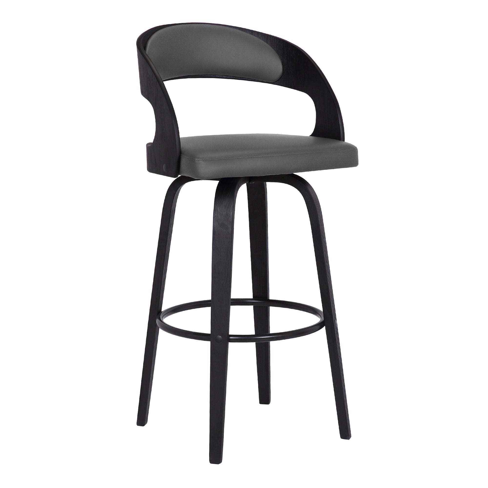 Shelly Contemporary Swivel Bar or Counter Stool in Black Brush Wood Finish and Grey Faux Leather