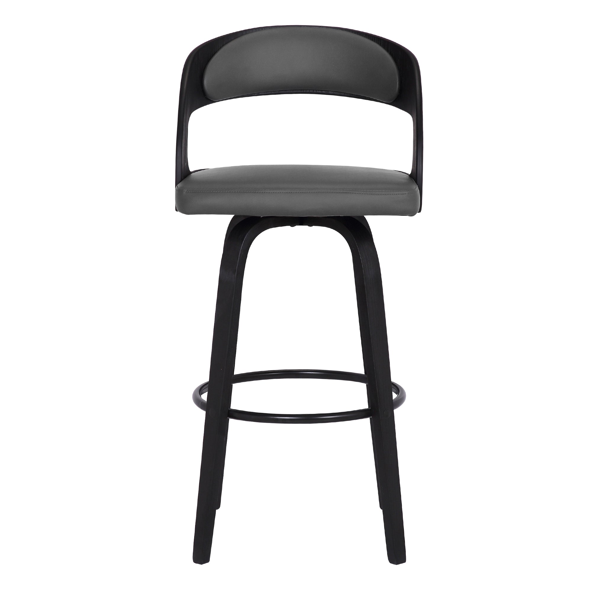 Shelly Contemporary Swivel Bar or Counter Stool in Black Brush Wood Finish and Grey Faux Leather