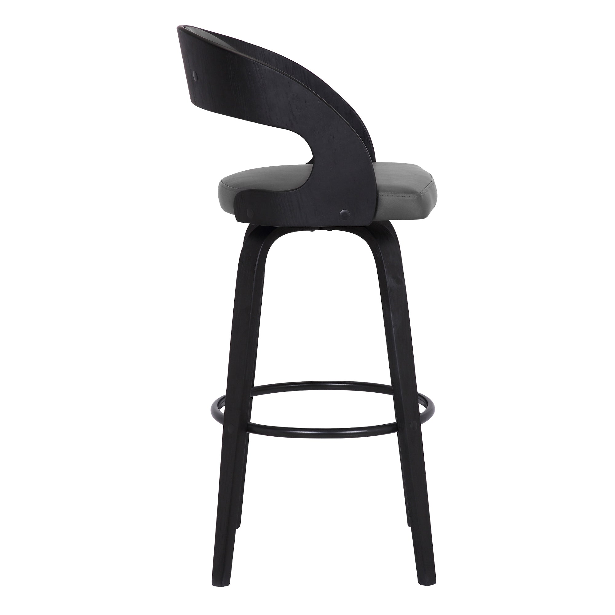 Shelly Contemporary Swivel Bar or Counter Stool in Black Brush Wood Finish and Grey Faux Leather