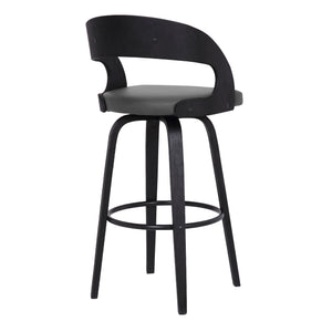 Shelly Contemporary Swivel Bar or Counter Stool in Black Brush Wood Finish and Grey Faux Leather