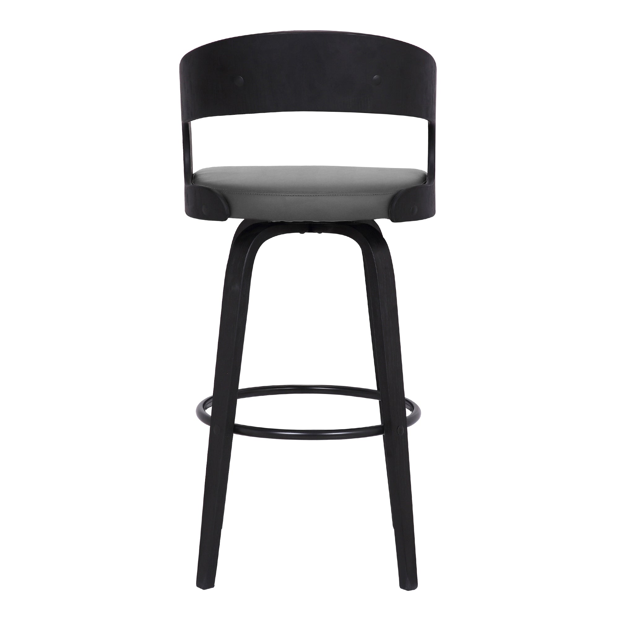 Shelly Contemporary Swivel Bar or Counter Stool in Black Brush Wood Finish and Grey Faux Leather