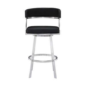 Saturn Contemporary Counter Stool or Barstool in Brushed Stainless Steel Finish and Black Faux Leather