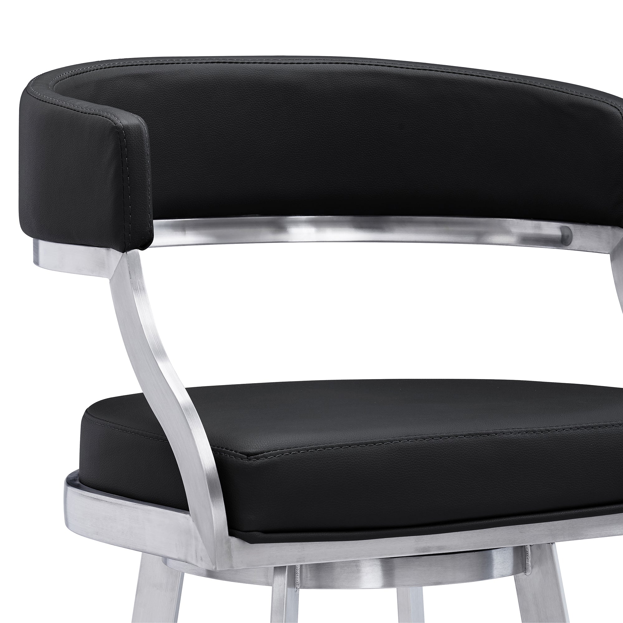 Saturn Contemporary Counter Stool or Barstool in Brushed Stainless Steel Finish and Black Faux Leather