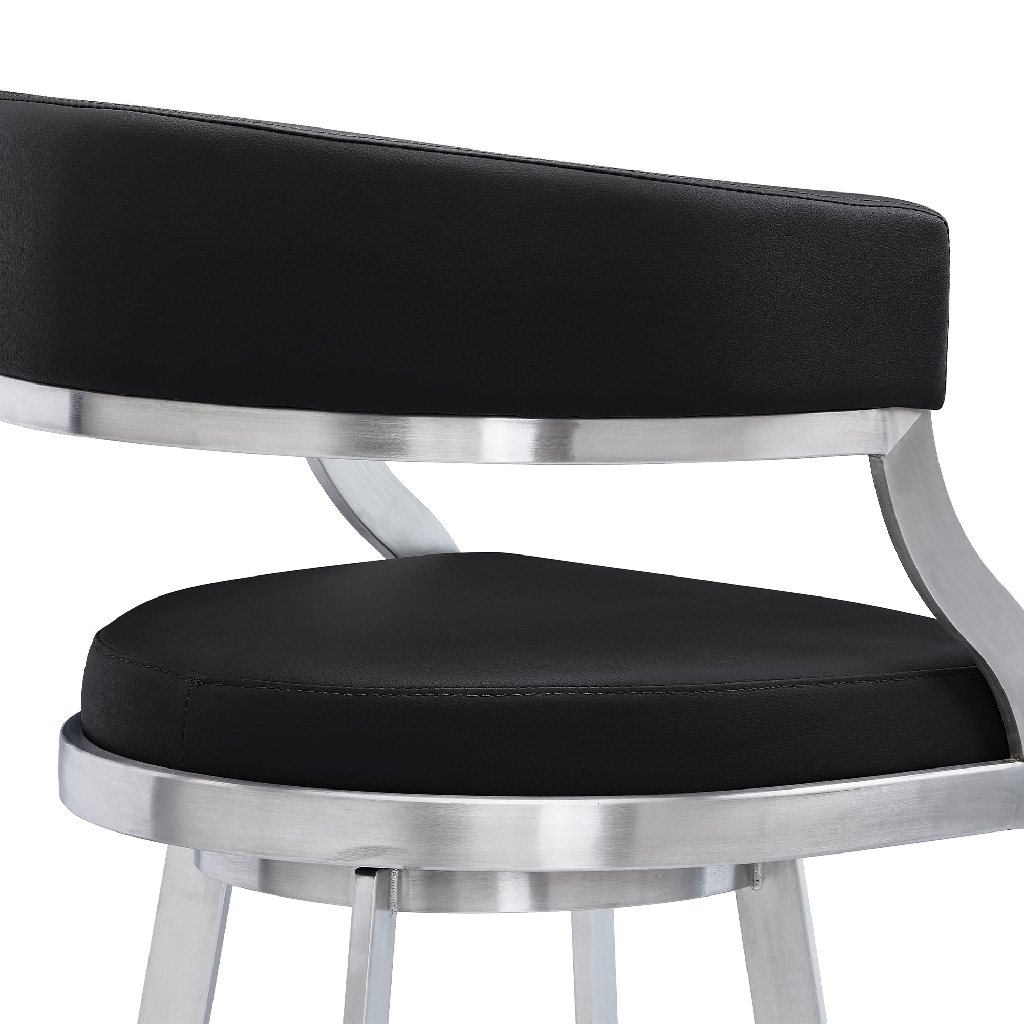 Saturn Contemporary Counter Stool or Barstool in Brushed Stainless Steel Finish and Black Faux Leather