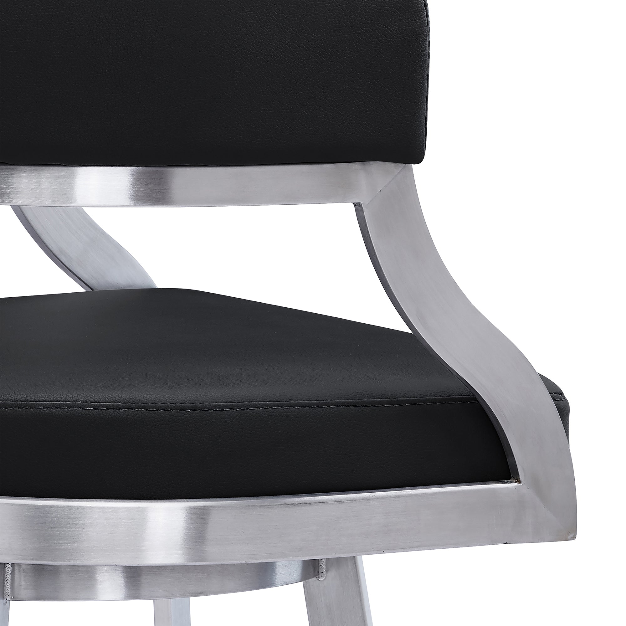 Saturn Contemporary Counter Stool or Barstool in Brushed Stainless Steel Finish and Black Faux Leather