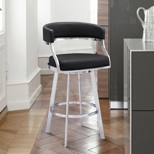 Saturn Contemporary Counter Stool or Barstool in Brushed Stainless Steel Finish and Black Faux Leather