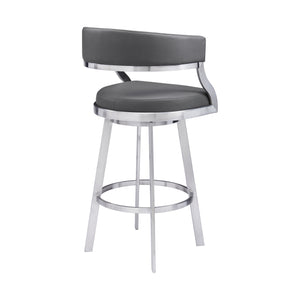 Saturn Contemporary Counter Stool or Barstool in Brushed Stainless Steel Finish and Grey Faux Leather