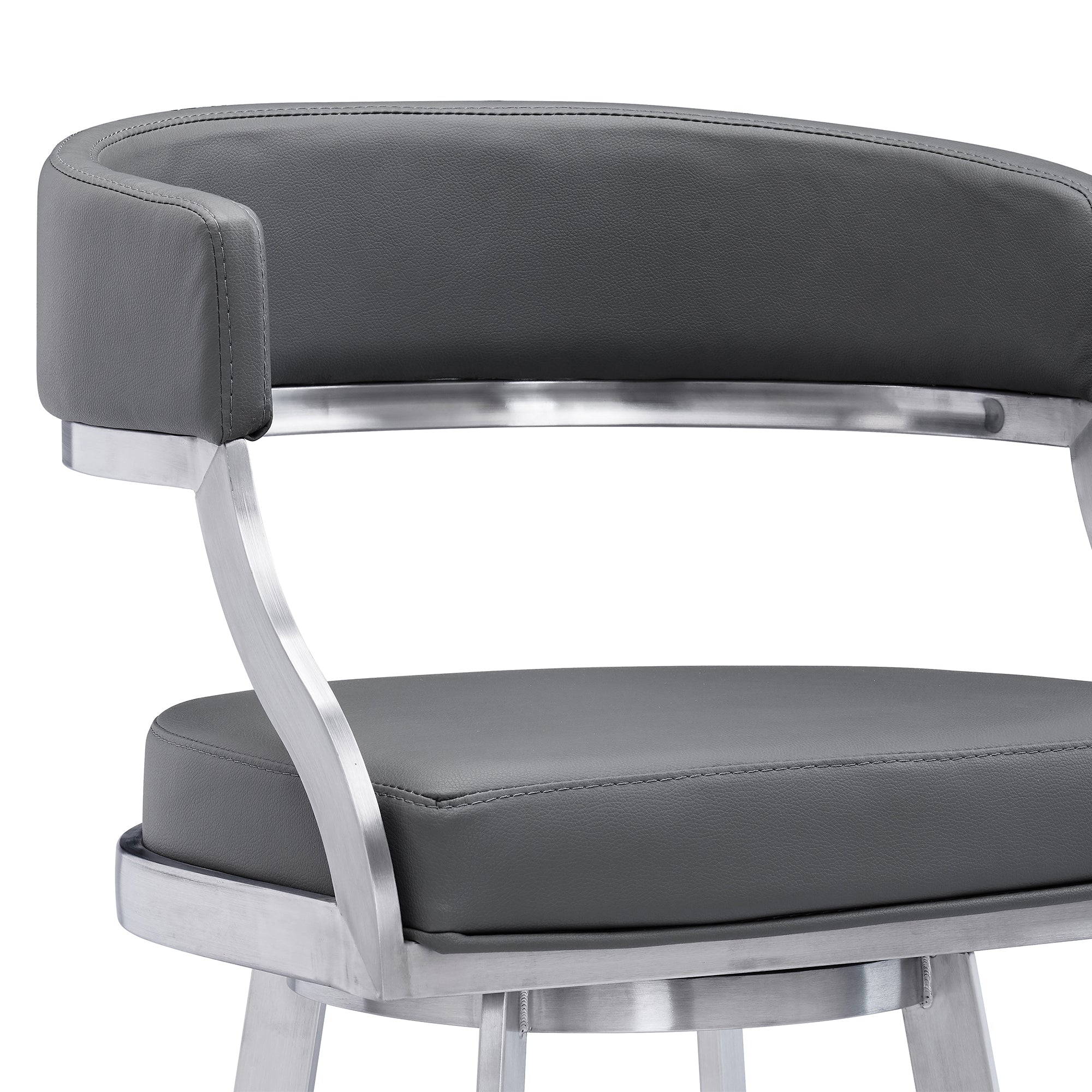 Saturn Contemporary Counter Stool or Barstool in Brushed Stainless Steel Finish and Grey Faux Leather