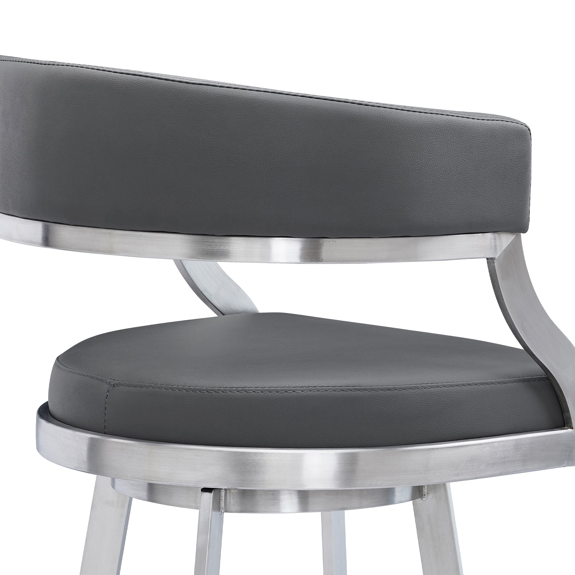 Saturn Contemporary Counter Stool or Barstool in Brushed Stainless Steel Finish and Grey Faux Leather