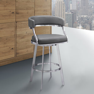 Saturn Contemporary Counter Stool or Barstool in Brushed Stainless Steel Finish and Grey Faux Leather